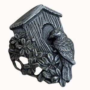 Birds & Blooms 1997 Limited Edition Pewter Pin Brooch With Birdhouse & Floral